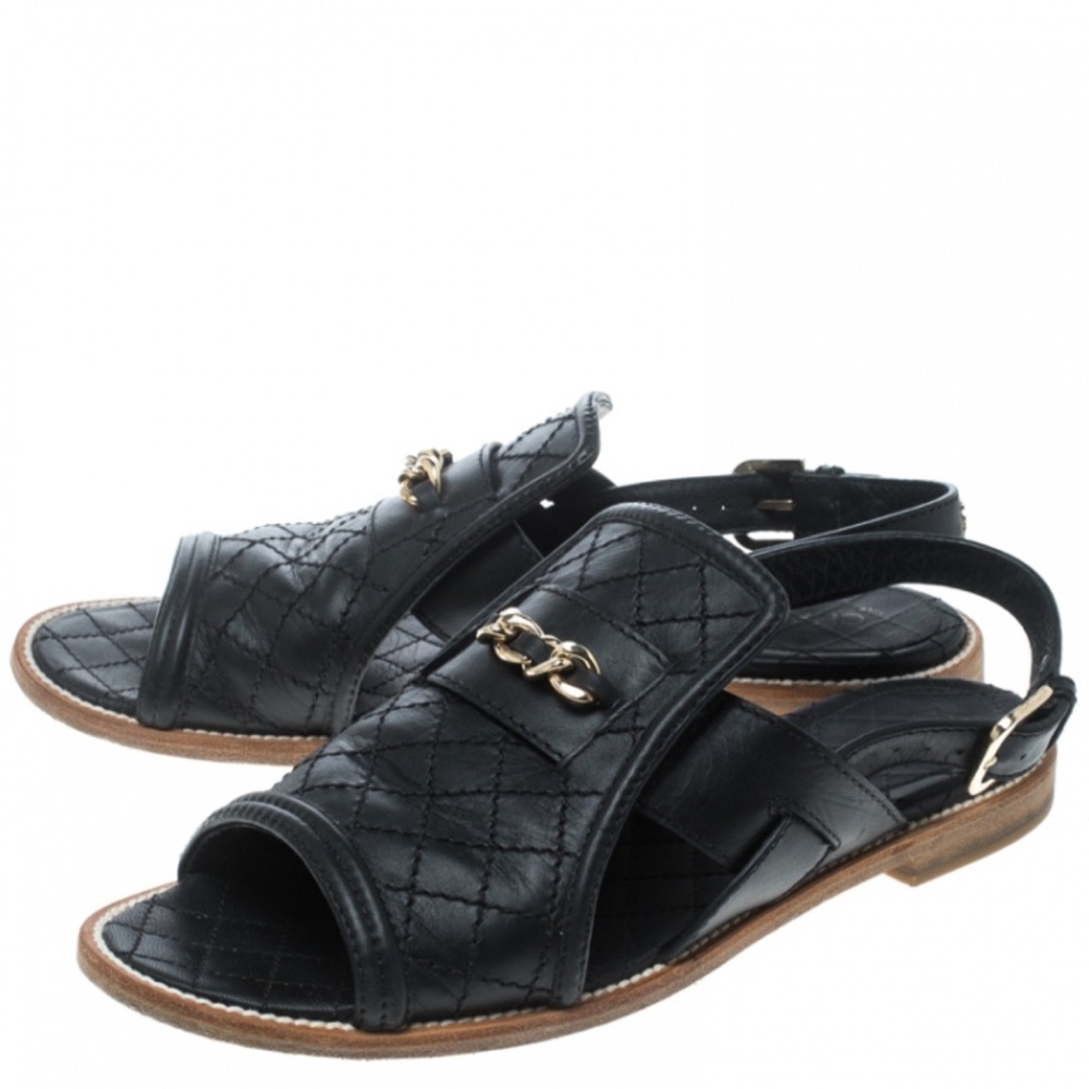 Chanel Black Quilted Leather Chain CC Detail Peep Toe Slingback Flats Size 37.5